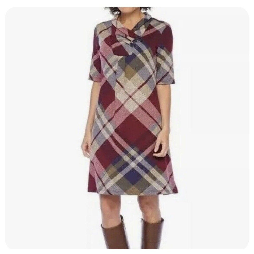 R & K Originals Shift Dress Women's Size 10 Short Sleeve Plaid with Neck Scarf